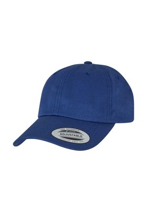 Cappellino da baseball blu regolabile in misto cotone, con visiera curva e un'etichetta con la scritta "REGOLABILE" in bianco sulla parte frontale.