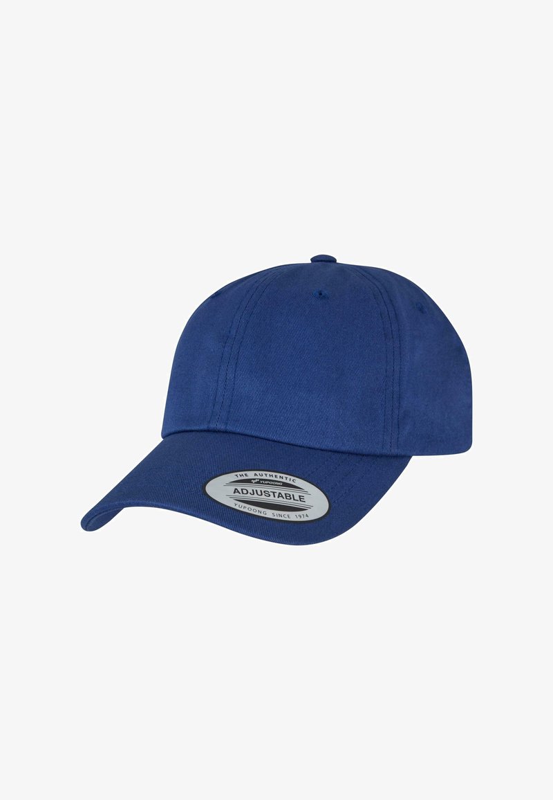 Adjustable blue baseball cap made from cotton blend, featuring a curved visor and a label with "ADJUSTABLE" in white on the front.