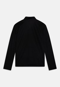 Zwarte lange mouwen polo-shirt met een hoge kraag, met een zachte textuur en zonder zichtbare logo's of versieringen op de achterkant.