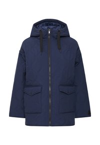 Giacca trapuntata blu navy con cappuccio, zip frontale, due tasche a pattina e lacci neri. Caratterizzata da una texture liscia e un dettaglio con logo triangolare.