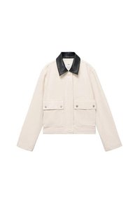 Cropped jacket in off-white cotton, featuring a black leather collar, two front pockets, and snap closures. Smooth texture, minimal design.