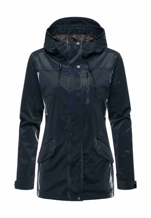 Waterdichte marineblauwe regenjas, voorzien van een capuchon, een ritszak op de borst, twee zijzakken en verstelbare trekkoorden op de capuchon.