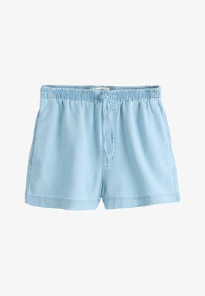 Pantaloni scurți albastru deschis cu talie elastică, șnur de strângere, buzunare laterale și croială lejeră.