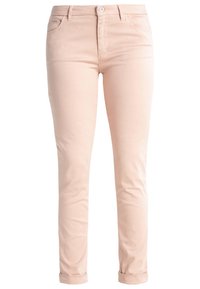 Lichtroze denim broek met een slim fit, vijf zakken, riemlussen en opgerolde manchetten. Glad textuur met subtiele stikdetails.