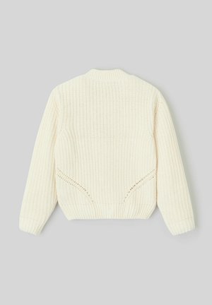 Pull en tricot blanc avec une texture côtelée, un col rond et des manches longues. Présente des détails ajourés le long des coutures latérales et de l'ourlet.