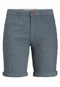 Pantaloni corti grigi a trama con chiusura a bottone, orli arrotolati e un sottile motivo testurizzato. Presentano tasche frontali e un design classico.