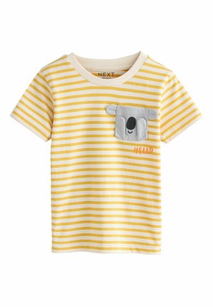 Yellow and white striped short-sleeve toddler T-shirt with a gray koala face pocket and "hello" embroidered in orange below the pocket.