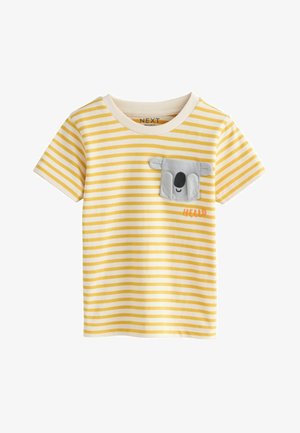 Yellow and white striped short-sleeve toddler T-shirt with a gray koala face pocket and "hello" embroidered in orange below the pocket.
