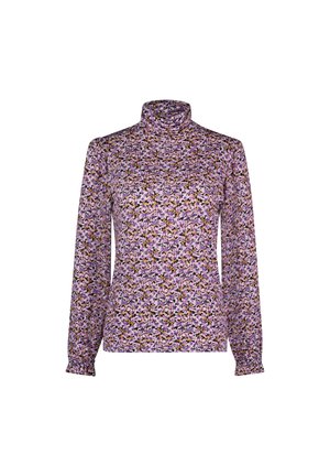 Lange mouw coltrui in paars met een bloemenpatroon met roze, gele en groene accenten. Zachte stof met een getailleerde silhouette.