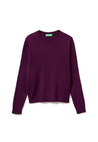 Purple sweater made from soft fabric, featuring a round neckline and long sleeves. Hemline is straight, with minimal detailing.