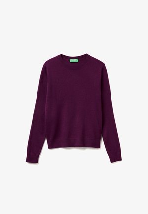 Maglione viola realizzato in morbido tessuto, con scollatura rotonda e maniche lunghe. L'orlo è dritto, con dettagli minimi.