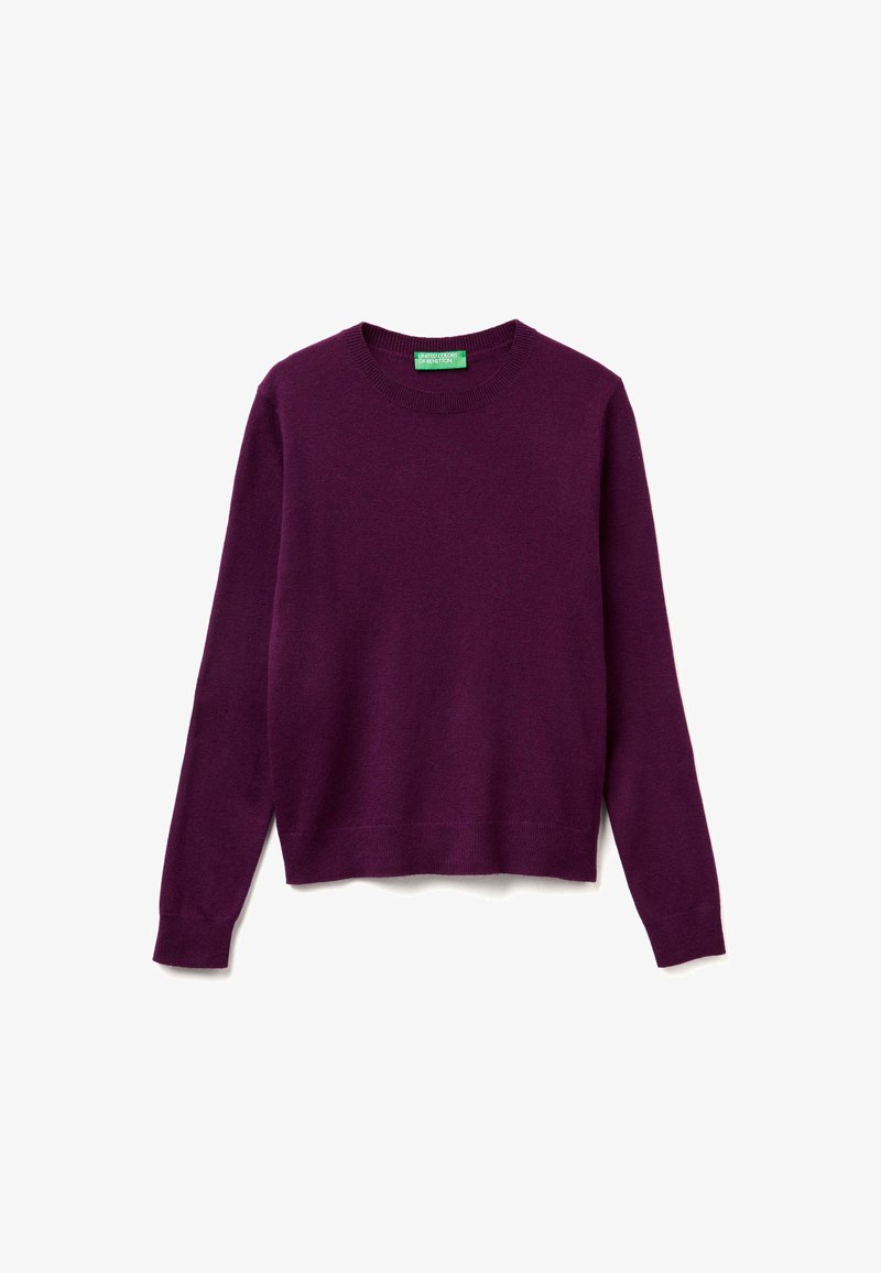 Purple sweater made from soft fabric, featuring a round neckline and long sleeves. Hemline is straight, with minimal detailing.