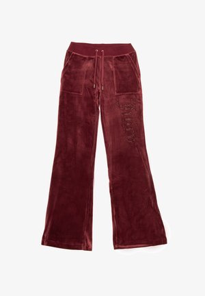 Pantaloni sportivi in velluto bordeaux con gambe larghe, dotati di vita con cordino, due tasche anteriori e testo "Juicy" decorato sul lato.