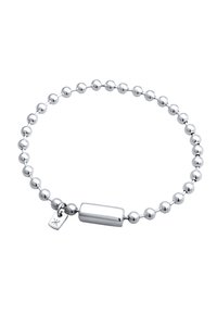 Sömnlös armband av silverpärlor med en cylindrisk mittdel och en liten charm, slät yta, jämnt formade kulor runt om.