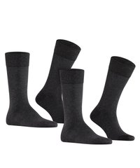 Calcetines de color gris oscuro con puños acanalados, textura suave, de longitud hasta el tobillo y diseño de punta sin costuras; tres pares exhibidos en distintas posiciones.