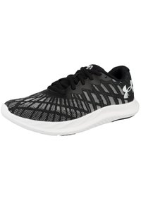 Scarpa sportiva nera e grigia con tomaia testurizzata e pattern, e suola bianca. Presenta lacci e dettagli del logo laterale. Progettata per le prestazioni.