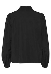 Blouse noire avec un col smocké haut, de longues manches bouffantes et une coupe droite. Le tissu semble lisse sans motifs ni accents visibles.