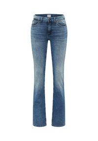 Fitted blue denim jeans with a mid-rise, flared leg openings, and subtle fade details. Features standard front pockets and a metal button closure.