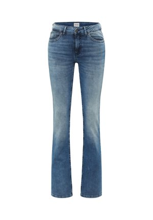 Fitted blue denim jeans with a mid-rise, flared leg openings, and subtle fade details. Features standard front pockets and a metal button closure.