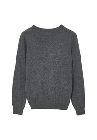 Pull à col rond à manches longues gris foncé, avec des bords côtelés aux poignets et à l'ourlet, posé à plat sur un fond blanc.