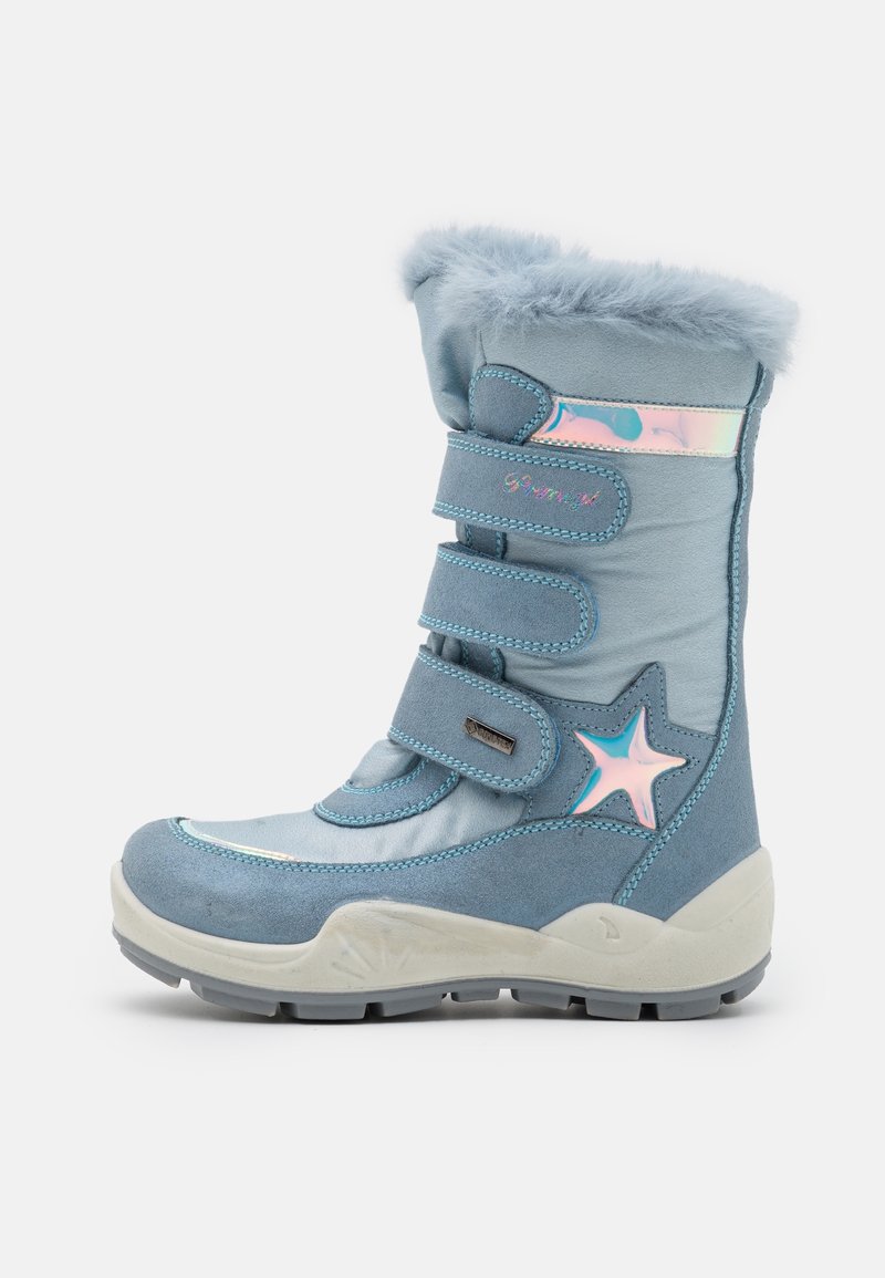 Botte d'hiver bleue pour enfants avec trois bandes auto-agrippantes, bordure en fausse fourrure, étoile et bande réfléchissantes, et semelle en caoutchouc épaisse.