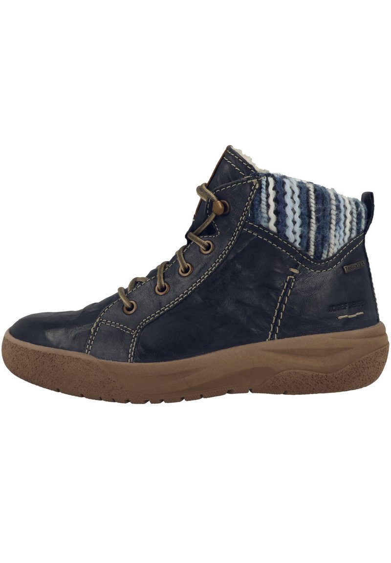 Botas de tobillo de cuero azul marino con una suela de goma marrón texturizada y un collar de punto a rayas. Presenta un diseño con cordones y ojales de bronce.