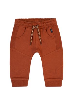 Un pantalon de survêtement orange en tissu doux, doté d'une taille élastique avec un cordon de serrage à motifs, de deux poches avant et de poignets côtelés.