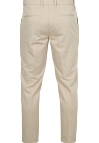 Beige gestreepte broeken met een slim fit, rechte pijpen, twee achterzakken en een soepele stoftextuur.