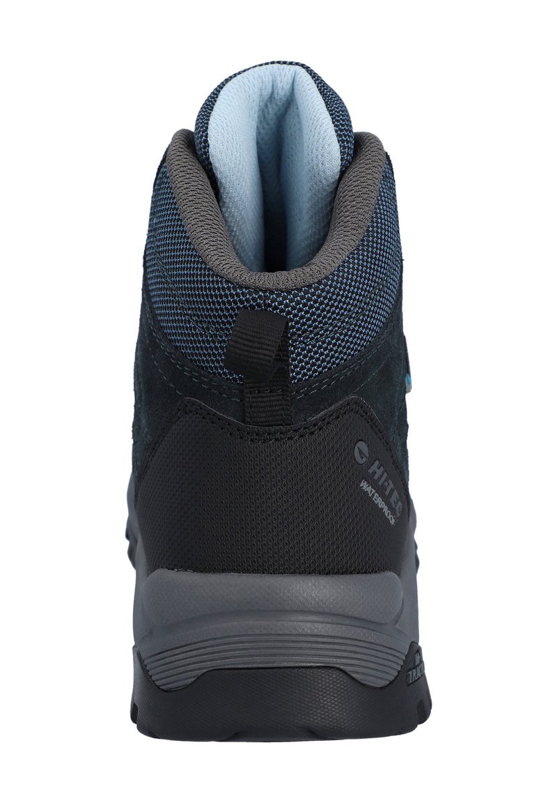 Herren-Wanderschuhe mit einer Mischung aus schwarzem und grauem Material, strukturiertem Obermaterial, blauen Netzfutter und verstärktem Absatz mit Ziehlasche.