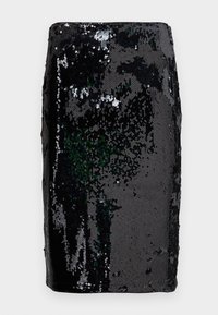 Fustă neagră cu paiete, cu un design elegant și mulat. Suprafața este acoperită cu paiete negre lucioase, creând un aspect texturat și reflectorizant.