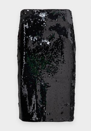 Černá skládaná sukně s elegantním, přiléhavým střihem. Povrch je pokrytý lesklými černými flitry, které vytvářejí texturovaný a odrazivý vzhled.