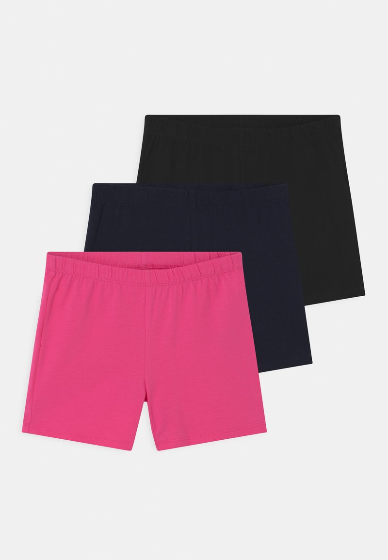 Three pairs of shorts: one pink, one dark blue, one black. All are soft fabric with elastic waistbands and straight-cut design.