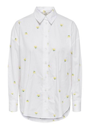 Chemise blanche à manches longues avec col et boutons, arborant un motif dispersé de petites fleurs jaunes avec des tiges vertes.
