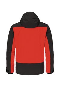 Rote und schwarze isolierte Jacke mit Kapuze, die einfarbig gestaltet ist und verstellbare Klettverschlussmanschetten hat. Die Rückansicht zeigt kontrastierende Abschnitte.