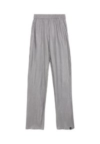 Jasnoszare spodnie o szerokich nogawkach z pionowymi plisami, elastycznym pasem i bocznymi kieszeniami. Gładki, teksturowany materiał zapewnia luźny krój.