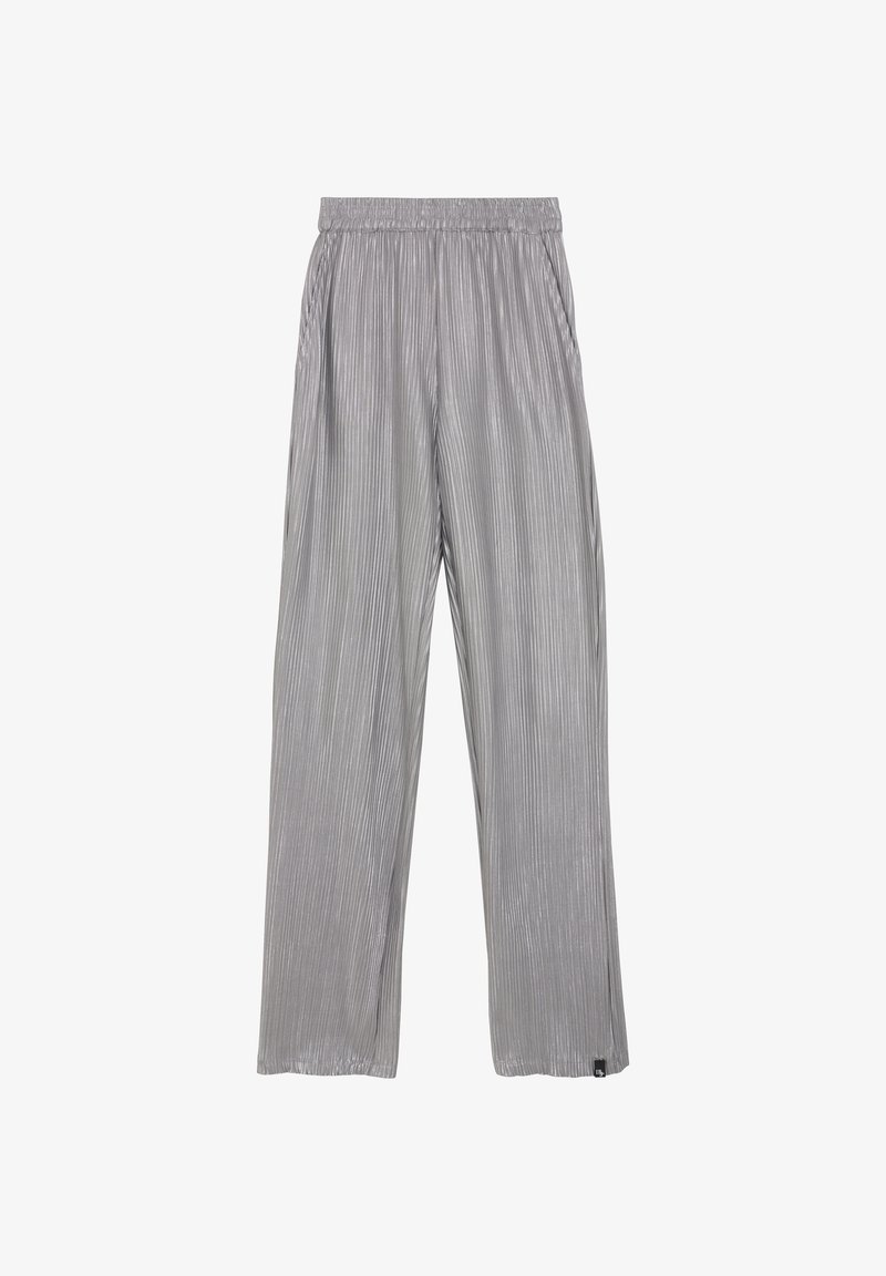 Jasnoszare spodnie o szerokich nogawkach z pionowymi plisami, elastycznym pasem i bocznymi kieszeniami. Gładki, teksturowany materiał zapewnia luźny krój.