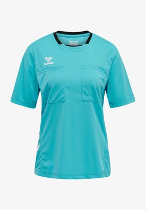 Turkusowa koszulka sportowa z krótkim rękawem, z czarnymi akcentami kołnierza i dwiema przednimi kieszeniami. Wykonana z gładkiego, lekkiego materiału.