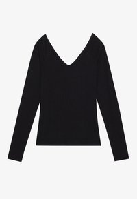 Svarte langermede topp med ribbet tekstur og dyp V-hals design, med tettsittende ermer og rett nederkant. Materialet er stretch-stoff.