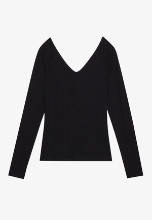 T-shirt noir à manches longues avec texture côtelée et décolleté en V profond, présentant des manches ajustées et un ourlet droit. Le matériau est en tissu extensible.