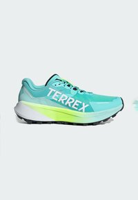 Svetlomodrá a zelená atletická trailová bežecká obuv s brandingom "TERREX" na boku a čiernou podrážkou s hlbokým dezénom.