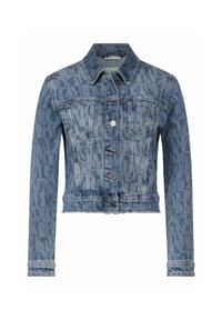 Chaqueta de denim en azul con una sutil textura estampada, botones a presión, dos bolsillos frontales y un largo corto.