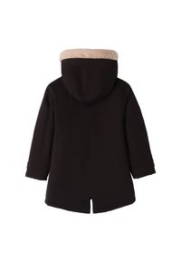 Schwarze Parka mit einer gefütterten Kapuze aus Fell, langen Ärmeln und einem mittellangen Schnitt. Verfügt über einen geraden Saum und eine subtile Textur.