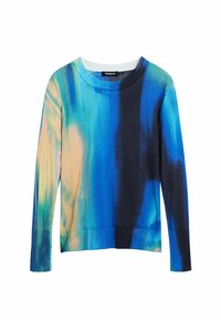 Multicolored long-sleeve crew neck sweater featuring a blend of blue, teal, and orange hues with a ribbed hem and soft texture.