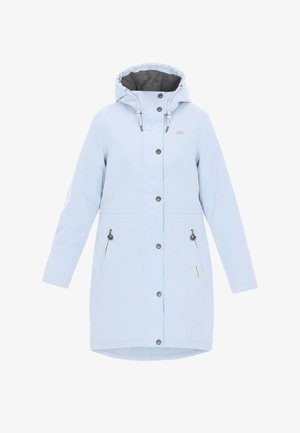 Hele sinine veekindel jakk, millel on kapuuts, ees nupud ja külgmised tõmblukkudega taskud. Omab halli sisekatet ja reguleeritavaid nööre.