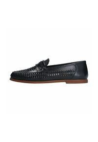 Black leather loafers with woven design, rubber sole, and a slip-on style. Features a smooth upper with a textured side panel.