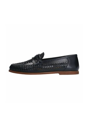 Black leather loafers with woven design, rubber sole, and a slip-on style. Features a smooth upper with a textured side panel.