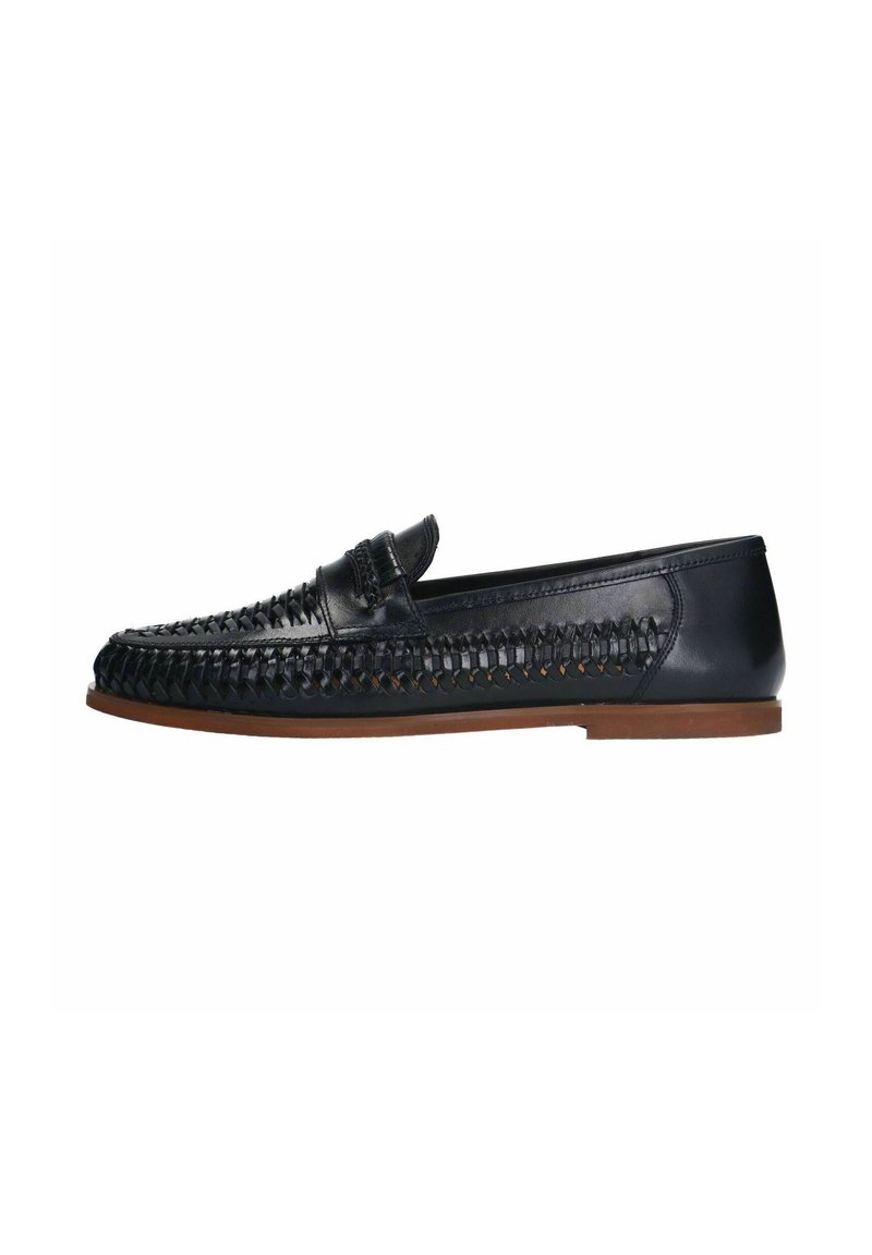 Black leather loafers with woven design, rubber sole, and a slip-on style. Features a smooth upper with a textured side panel.