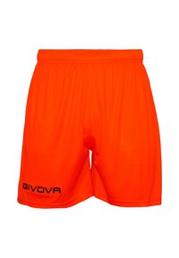 Shorts atletici portocalii dintr-un material ușor, cu un talie elastică și un logo „GIVOVA” negru pe partea stângă.