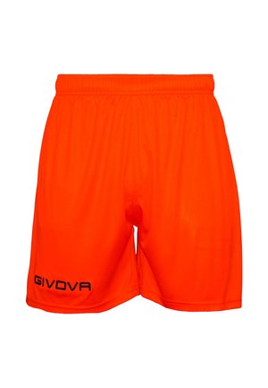 Oranžové športové šortky vyrobené z ľahkej látky s elastickým pásom a čiernym logom "GIVOVA" na ľavej strane.
