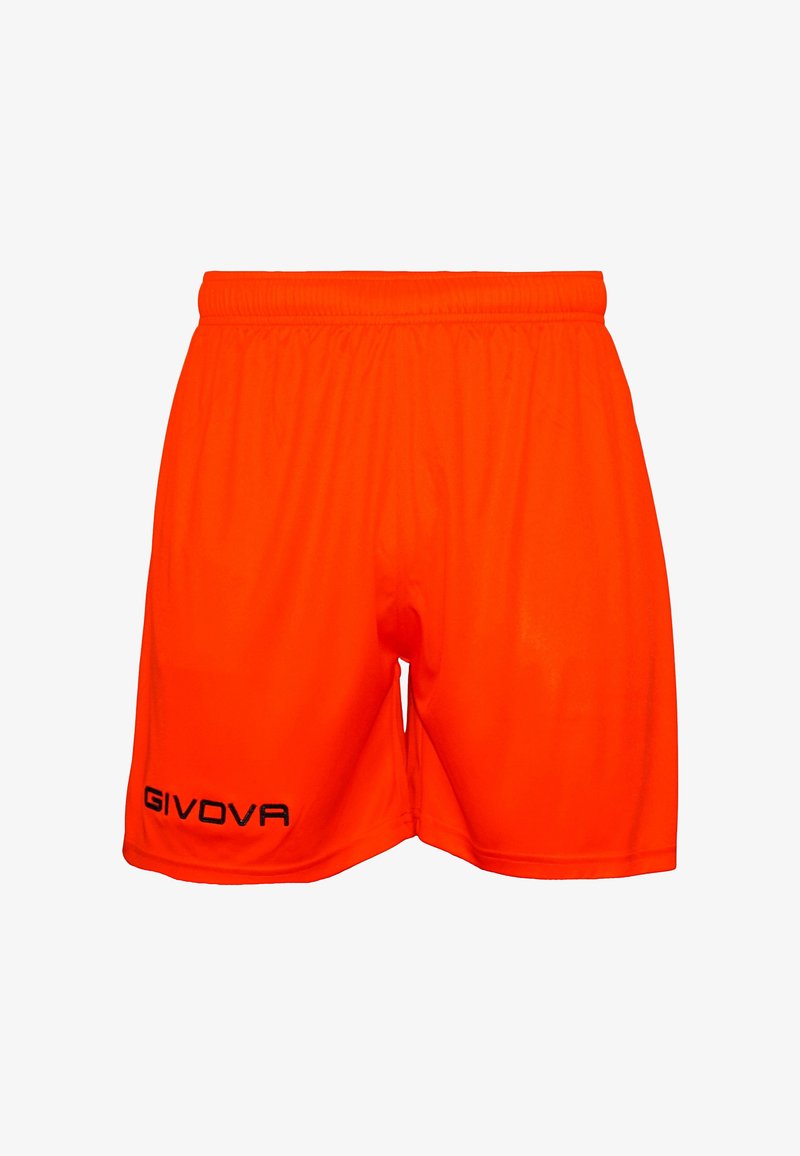 Shorts atletici portocalii dintr-un material ușor, cu un talie elastică și un logo „GIVOVA” negru pe partea stângă.